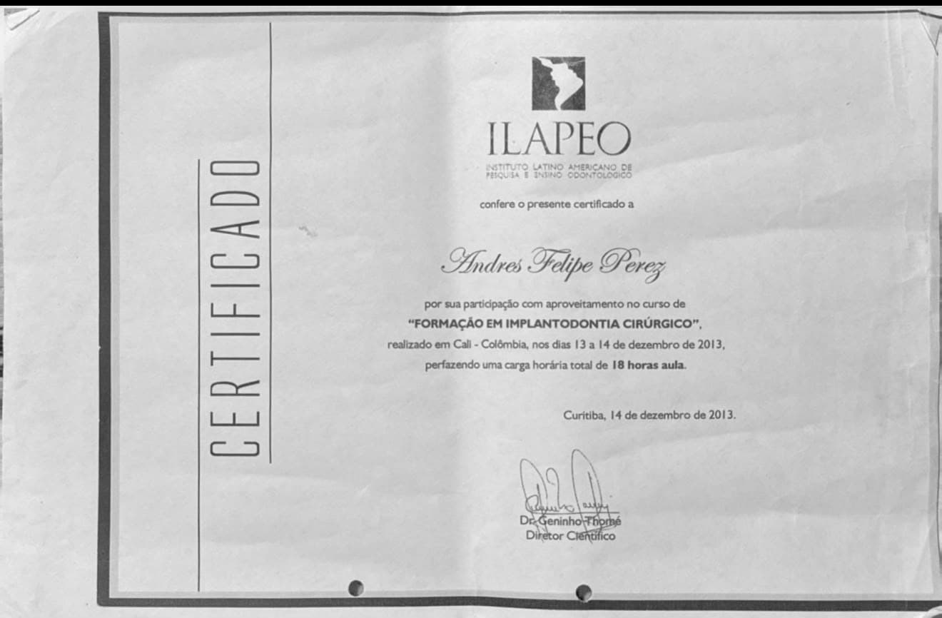 Certificado: Implantología Quirúrgica · ILAPEO (Brasil)